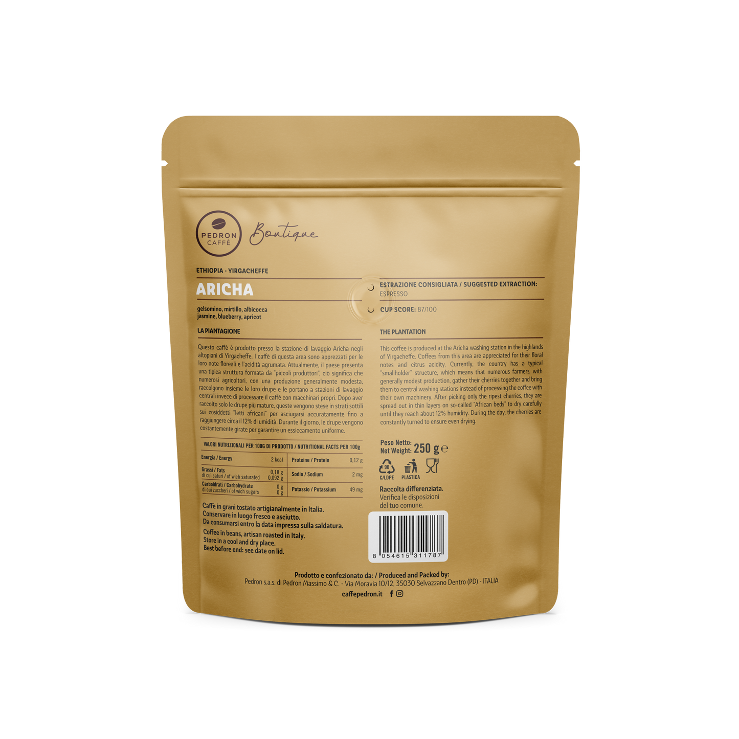 Ethiopia-Yirgacheffe Aricha, Pedron Specialty Coffee, 250 гр кафе на зърна
