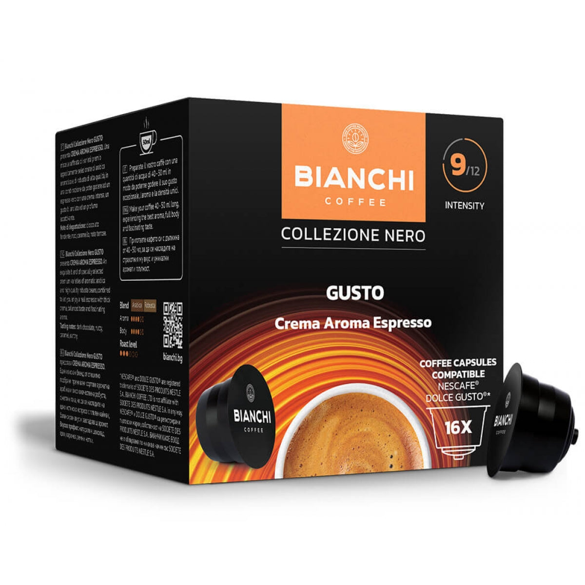 Capsule de cafea Bianchi Collezione Nero Gusto Crema Aroma pentru aparatele de cafea Dolce Gusto, 16 buc