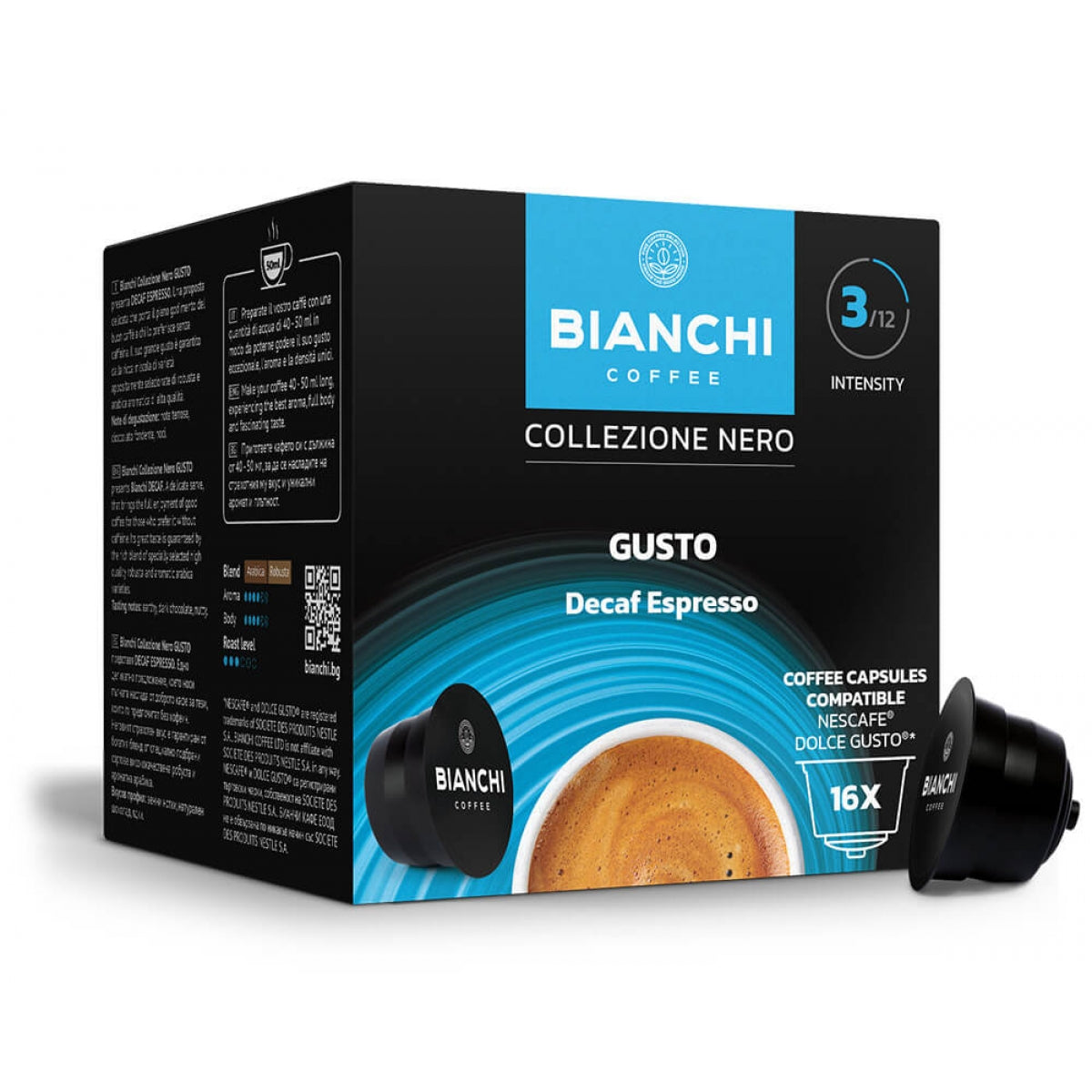 Capsule de cafea espresso Bianchi Collezione Nero Gusto Decaf pentru aparatele de cafea Dolce Gusto, 16 buc.