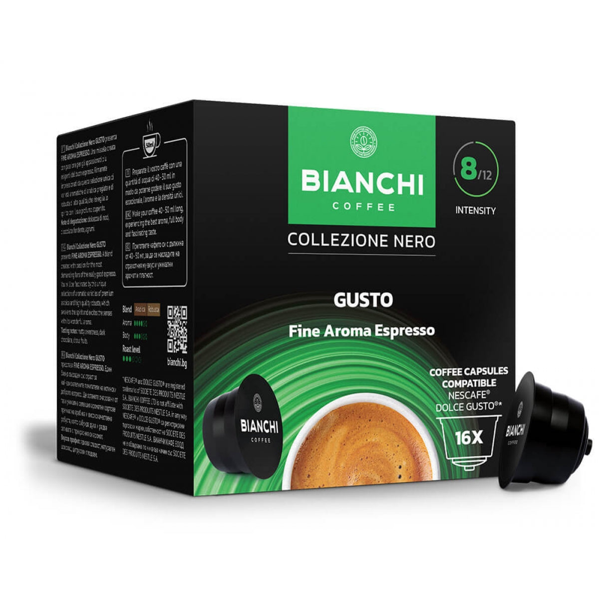 Capsule de cafea Bianchi Collezione Nero Gusto Fine Aroma pentru aparatele de cafea Dolce Gusto, 16 buc