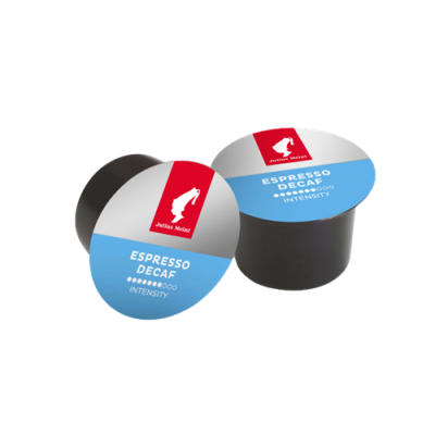 Julius Meinl decaf espresso capsules for Lavazza Blue with blue and red label on black background