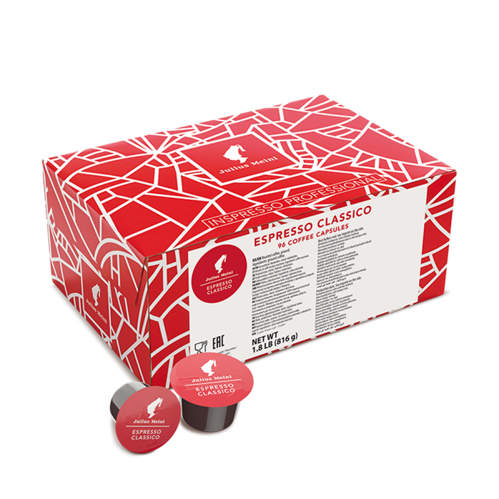 Julius Meinl Espresso Classico capsules for Lavazza Blue with red and white packaging and two capsules displayed